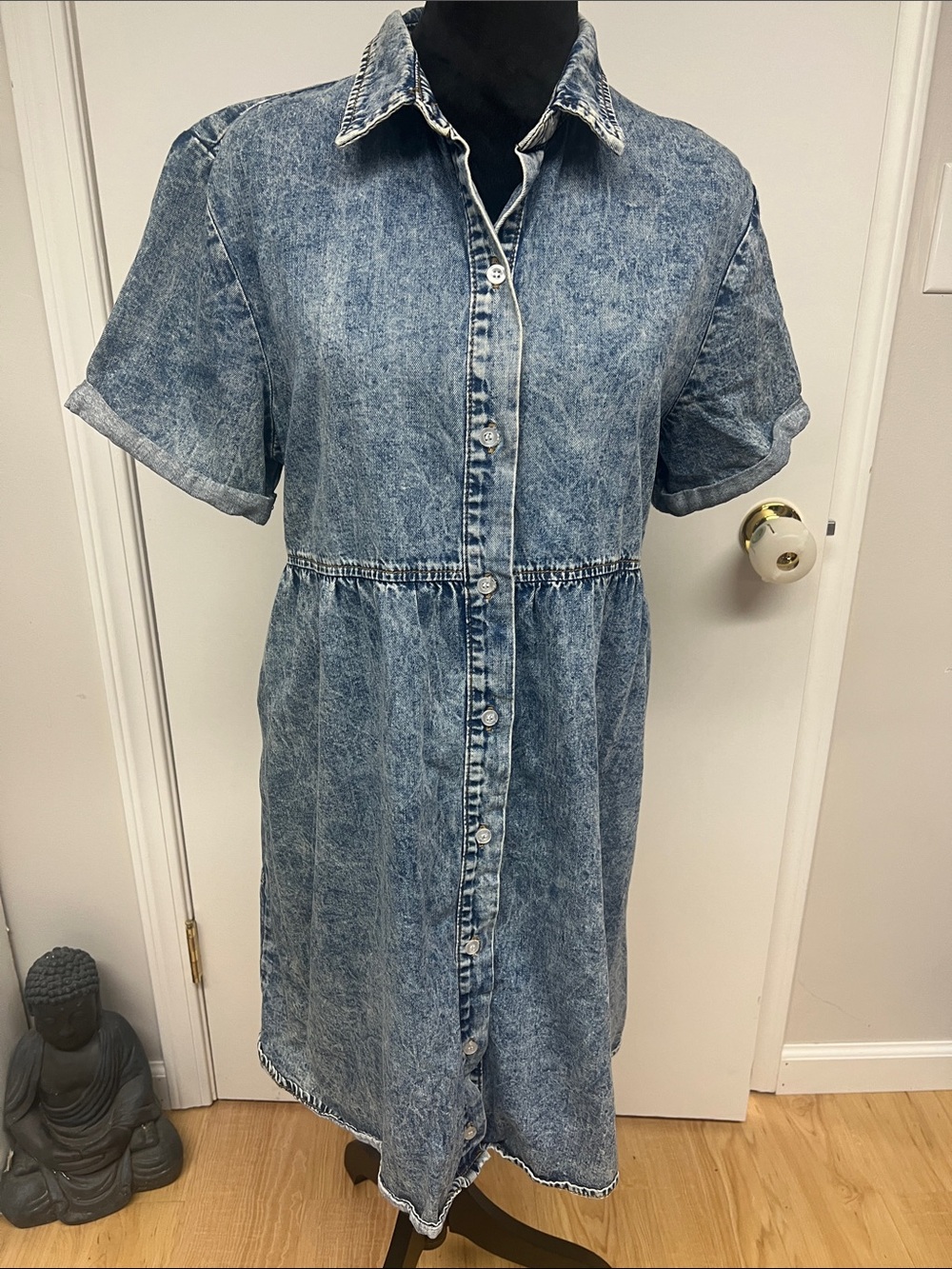 Source Unknown Acid Wash Denim Midi Shirt Dress - Blue